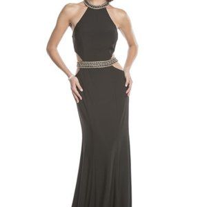 STUNNING JERSEY COLUMN WITH CRYSTAL AND OPAQUE BEADING AT NECKLINE AND WAIST